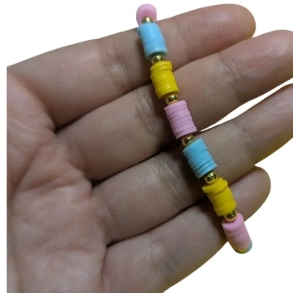 Handmade Beaded Bracelet O/S Stretchy Pink Clay Beads Hand Crafted NEW